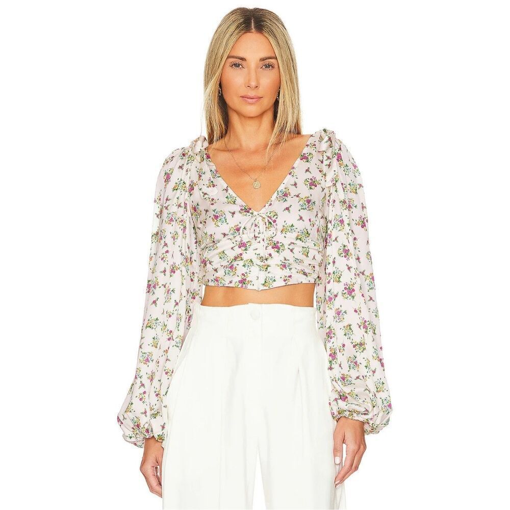 For Love & Lemons Tanya Satin Floral Print Cropped Blouse Cream,‎ Pink Size M